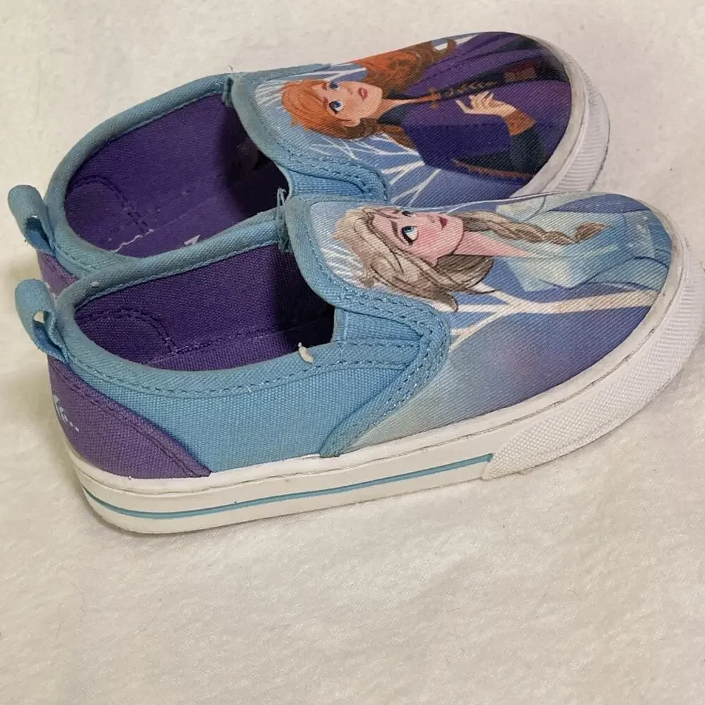 Disney Frozen Toddler Girl’ Shoes Size 7 Elsa Anna Slip-On Sneakers Blue Purple